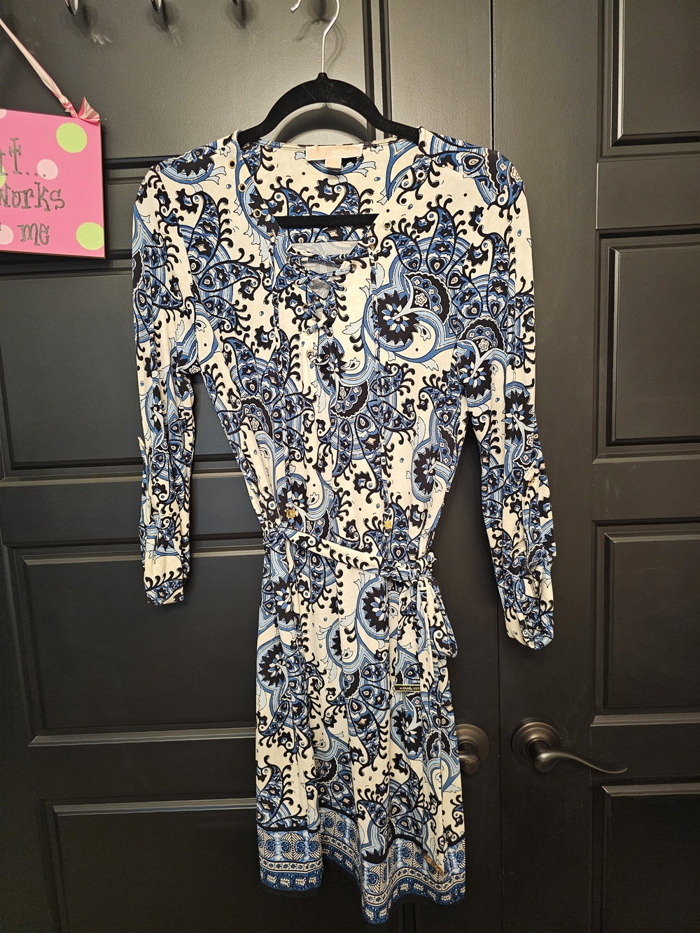 Michael Kors White and Blue Paisley Tie-Waist Dress